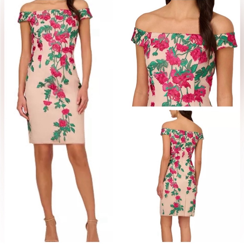 Adrianna Papell Cascading Floral Off-Shoulder Dress